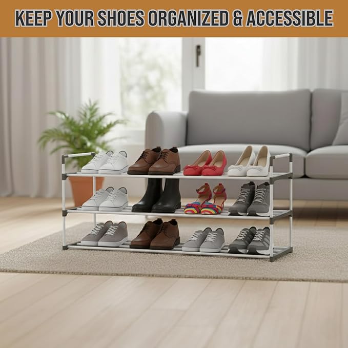 Shoe Rack - 3-Tier Shoe Organizer for Closet, Bathroom, Entryway - Shelf Holds 15 Pairs Sneakers, Heels, Boots by Home-Complete (White)