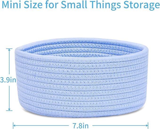 ABenkle Small Woven Basket, Empty Tiny Shallow Storage Basket, Mini Cotton Rope Baskets, Round Decorative Hamper, Basket Storage Bins for Toys, Spa, Socks, Nursery, Living Room