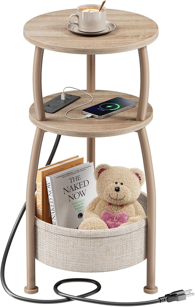 Side Table with Charging Station, Small Round End Table with Basket, USB Port and Outlet, 3 Tiers Sofa Couch Table Bedside Table for Living Room Bedroom, Small Spaces, 11.81in Light Oak