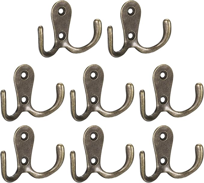 uxcell Wall Hooks, 8Pcs - Zinc Alloy Double Prong Retro Hook, Hooks for Hanging Towel Coat Backpack Clothes Scarf Keys Hat Cup (Bronze)