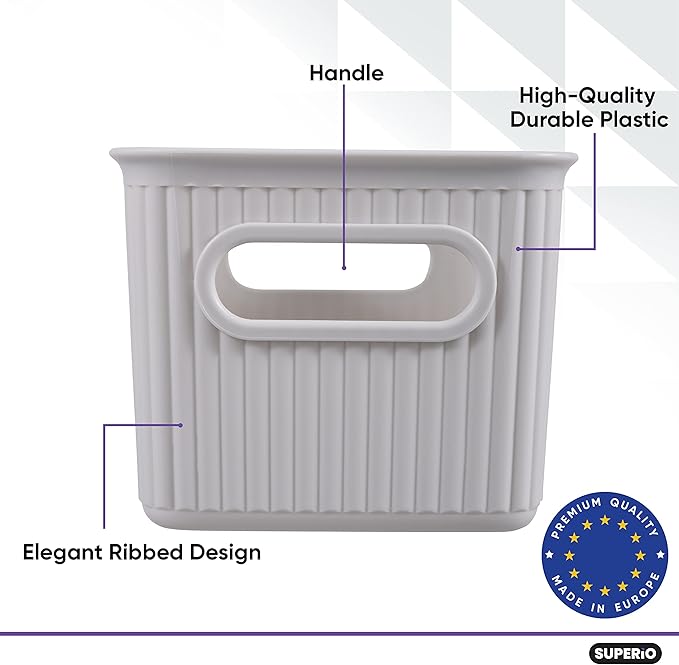 Superio Ribbed Collection - Decorative Plastic Basket Open Home Storage Bins Organizer, Small White Smoke (4 Pack) Container Boxes for Organizing Closet Storage Bins for Shelves 1.5 Liter