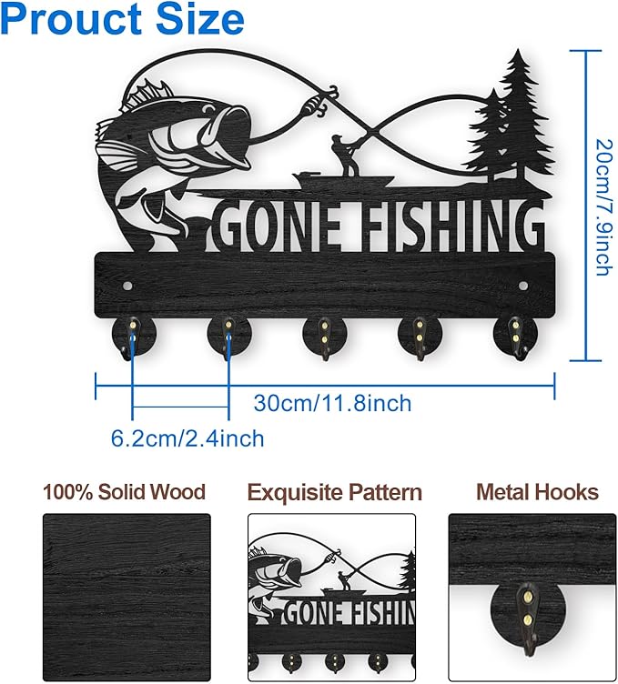 MAYJOYDIY Wood Fish Coat Rack, 5 Alloy Hooks, Wall Mounted, 11.8x8inch, Fishing Theme, Art Deco Style, Hallway Entryway Kitchen Gift