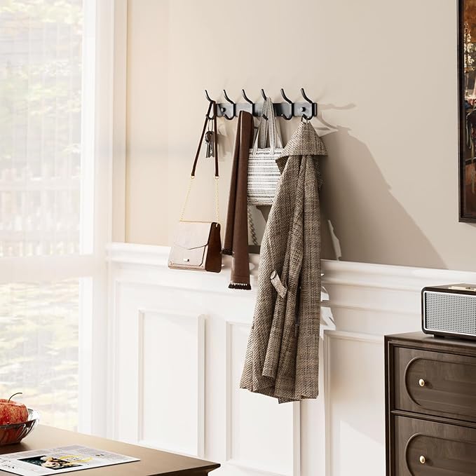 Black Coat Rack Wall Mount - 15 Inch Arc Shaped Design with 6 Hooks for Hanging Coats, Bags, and Towels in Entryway, Livingroom, Bedroom, Bathroom, and Kitchen, 1 Pack