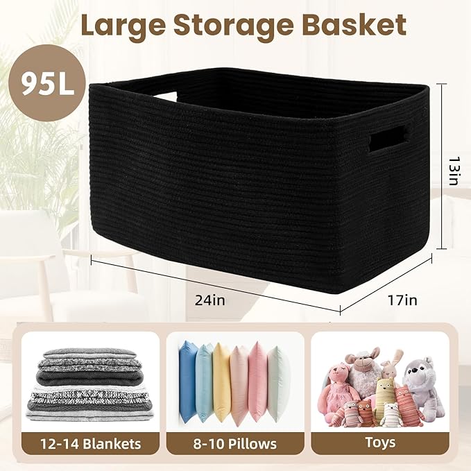 95L Large Blanket Basket, Woven Storage Baskets with Reinforced Handles, Rope Laundry Basket for Living Room, Bedroom, Nursery, Toys, Clothes,Pillows, 24â x 17â x 13.5â, Black