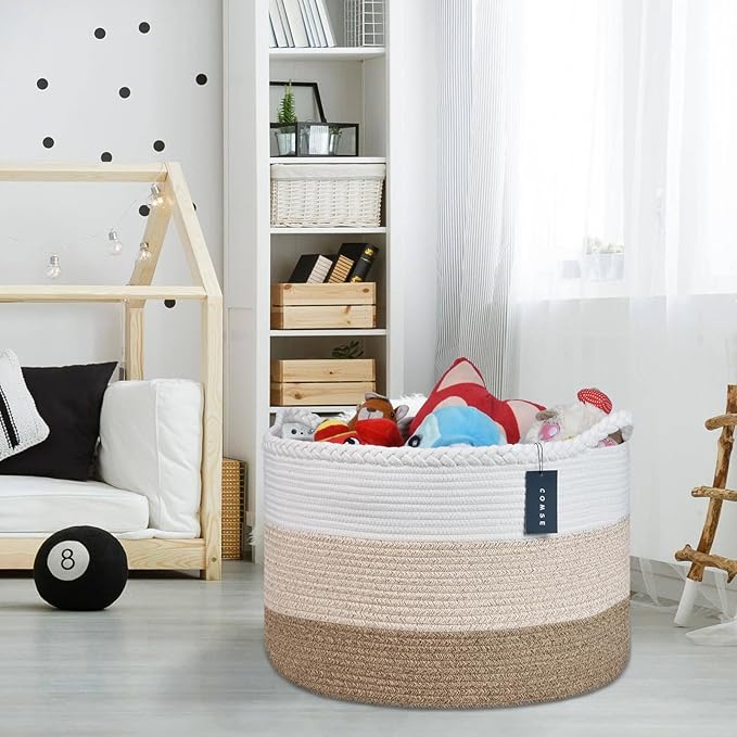COMSE Extra Large Blanket Basket, Woven Laundry Basket, 21.7âx 13.8â, Nursery Hamper, Cotton Rope Laundry Hamper Living Room for Storage Toys Clothes Towels(White & Gradient Brown)