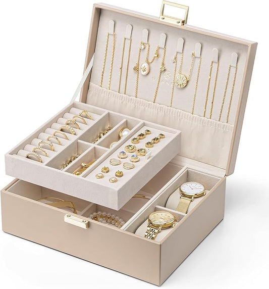 VLANDO Jewelry Organizer,2 Layer Jewelry Box Large Jewelry Organizer for Women Removable Jewelery Tray with Watch Pillow for Necklace Earrings Rings Bracelets (Toffee)
