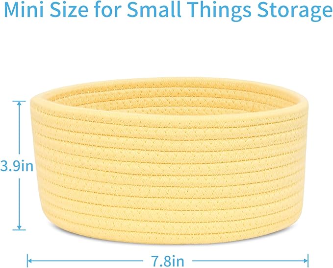 ABenkle Small Woven Basket, Empty Tiny Shallow Storage Basket, Mini Cotton Rope Baskets, Round Decorative Hamper, Basket Storage Bins for Toys, Spa, Socks, Nursery, Living Room