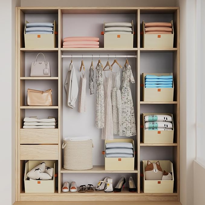 Fabric Closet Storage Cubes - 6 Pack Square Storage Bins with Dual Handles for Clothes, Towels, Toys, Cube Storage Organizers for Bedroom, Nursery, Shelves, Closet, Small Spaces, Light Beige