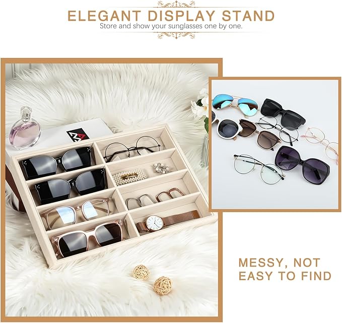 Emibele Sunglass Organizer Jewelry Tray, 8 Grids Velvet Glasses Watch Storage Stackable Tray, Eyeglasses Jewelry Showcase Display Organizerï¼Beige