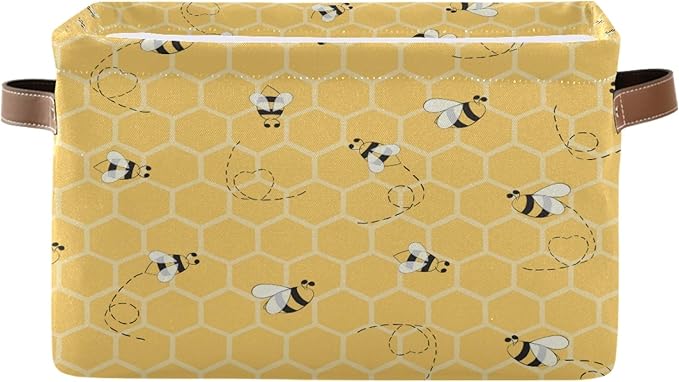 AUUXVA Bee Storage Basket Yellow Honeycomb Beehive Geometric Pattern Storage Cube Box Canvas Collapsible Toy Basket Organizer Bin with Handles for Shelf Closet Bedroom Home Office