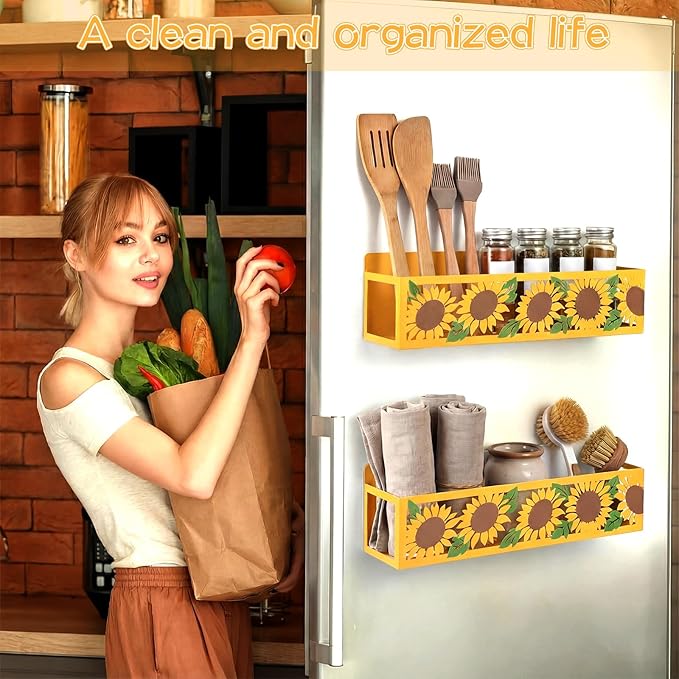 2 Pack Sunflower Magnetic Spice Rack for Refrigerator Metal Magnet Basket Shelf for Fridge Seasoning Storage Organizers Home Decor Kitchen Accessories (White)