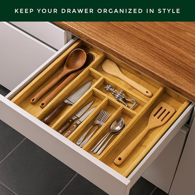 Bamboo Drawer Organizer, Expandable 8-Slot Silverware & Utensil Tray for Kitchen Drawers, Fits 13–19.5 Inch Drawers, Deep Compartments, Durable & Eco-Friendly Natural Bamboo