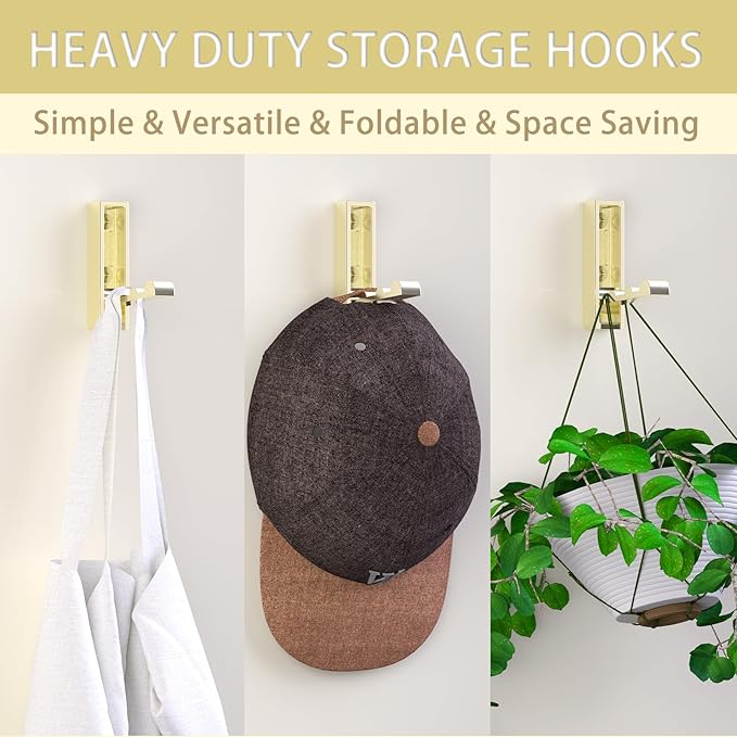 Wall Hooks for Hanging Coat, Heavy Duty Metal Hooks with Folding Storage Foldable Wall Hooks for Entryway Bathroom Kitchen Bags Towels Closet, 4Pcs Gold