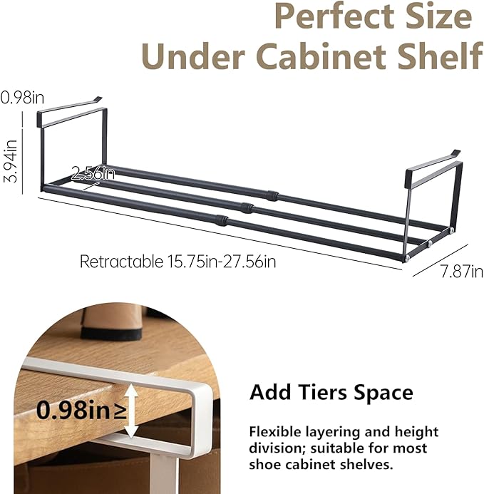 Expandable Hanging Shoe Rack Organizer for Closet, Adjustable Shoe Rack Under Cabinet Shelf, Versatile Under Shelf Storage for Kitchen, Book, Clothing Storage and Organization(Black,4PCS)