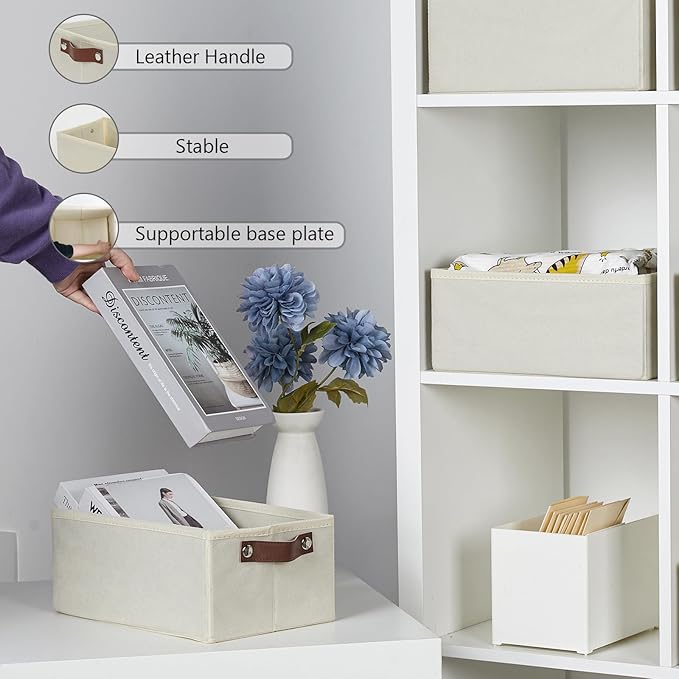 HNZIGE Fabric Small Baskets for Organizing, 6 PCS Storage Organizer Bins for Shelves, Small Bins for clothes with Handles, Shelf Closet Storage Bins for Organizer Home, Office(Cream,11.8 x 7.8 x 5.1)
