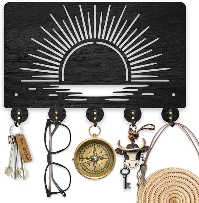 MAYJOYDIY Sunrise Sea Wood Key Holder for Wall 11.8x7.8inch Romantic Scenery Wall Mounted Key Hooks Coat Hanger Rack with 5 Alloy Hooks for Entryway Front Door Kitchen Office Decoration