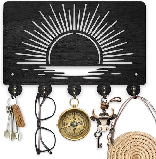 MAYJOYDIY Sunrise Sea Wood Key Holder for Wall 11.8x7.8inch Romantic Scenery Wall Mounted Key Hooks Coat Hanger Rack with 5 Alloy Hooks for Entryway Front Door Kitchen Office Decoration