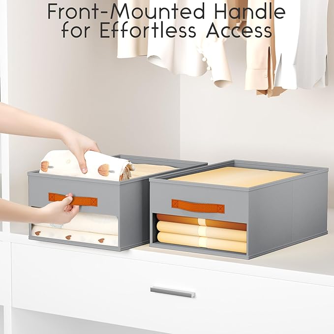 Drawer Organizers and Storage - 6 Pack Foldable Pants Organizer with Clear Window & Handles, Fabric Closet Organizer for Clothes, Jeans, Sweaters, Towels, T-shirt, Scarf (Grey)