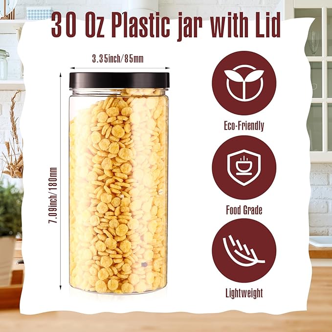Dandat 16 Pack 30 oz Plastic Jars with Lids Plastic Mason Bottles Container Canister Wide Mouth Cylinders Kitchen Home Organize Storage for Dry Good, Spice, Honey, Candy, Peanut Butter(Black)