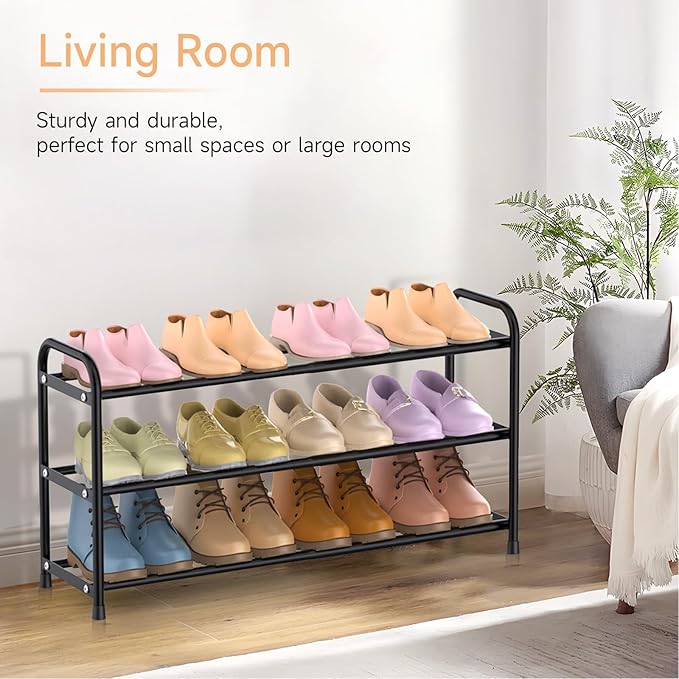 Expandable Shoe Rack, 16“-30” Adjustable Shoe Rack for Closet, Front Door Entrance, Entryway, Dorm, Small Space, Metal Shoe Organizer, Black 3 Tier