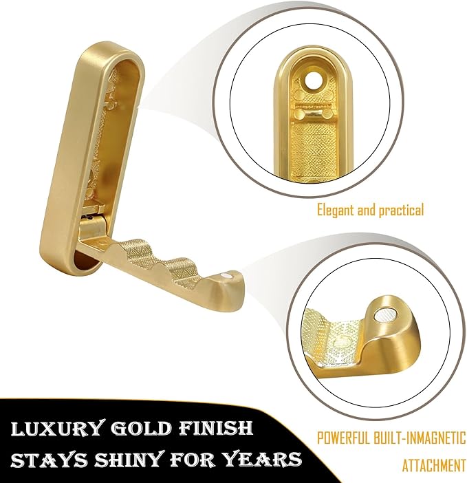 Foldable Gold Wall Hooks for Hanging Purses, Heavy Duty Folding Coat Hooks, 2 Pack Purse Hook for Wall that Stays Flat, Towel Robe Hooks for Bathroom, Closet, Entryway, Zinc Alloy ﻿ ﻿