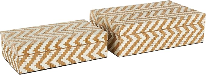 Deco 79 Paper Geometric Handmade Decorative Box Woven Zig Zag Storage Decorative Keepsake Box with Cream Accents, Set of 2 Storage Box 12", 8"W, Brown