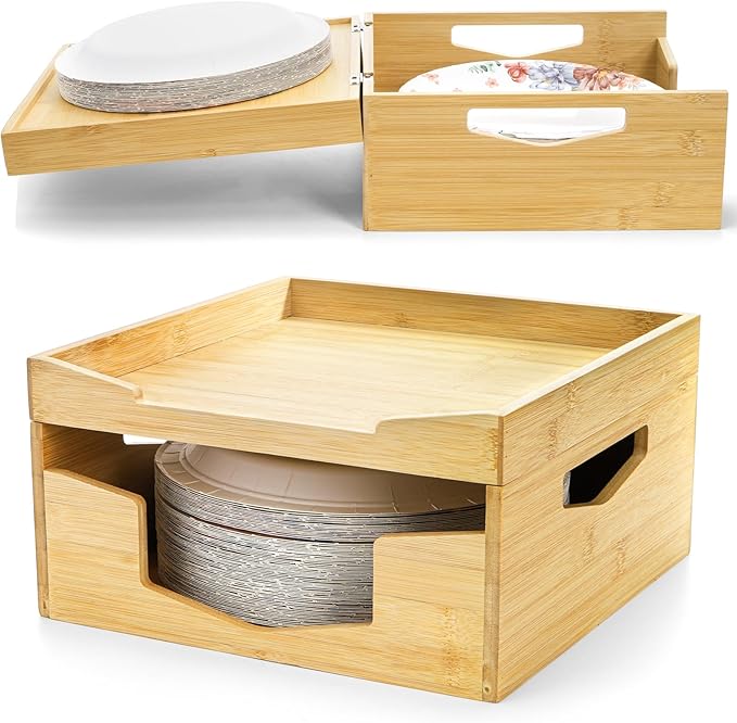 Yarlung Bamboo Paper Plate Dispenser Holder for 8-10 inch Plates and Air Fryer Liners, Portable Stackable Disposable Plates Organizer for Kitchen Cabinet and Countertop Storage