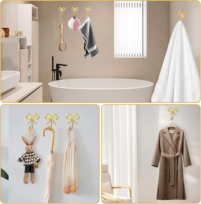 4 PCS Large Size Gold Bow Wall Hook, Gold Coat Hook, Metal Hooks, Bow Room Decor Hooks for Coats, Coffee Mugs, Hats, Bags, Bath Towels and Room Decorations