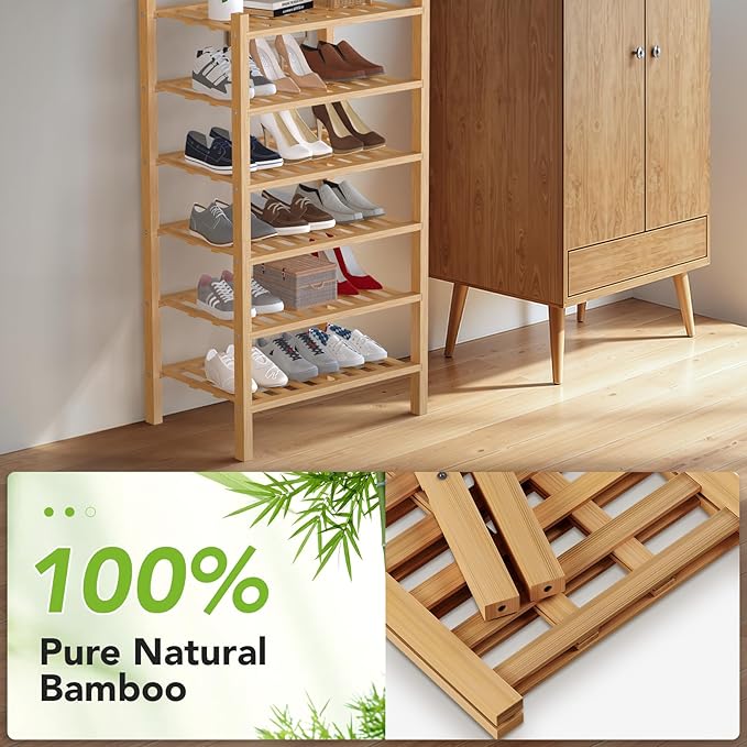 Haddockway Small 6 Tier Bamboo Shoe Rack Storage Organizer,Multifunctional Free Standing Stackable Shoe Shelf with Grid Panel for Closet,Hallway,Entryway,Small Space 18"x11"x34"