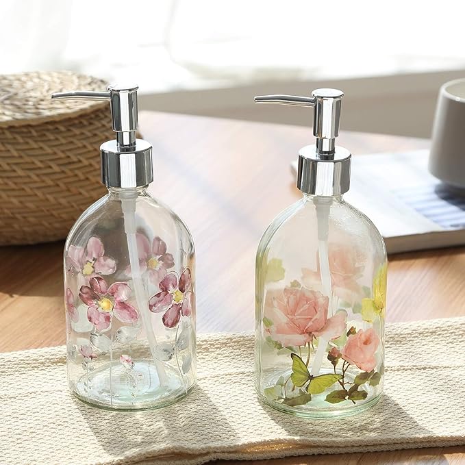 17oz Glass Soap Dispenser with Plastic Pump, 2 Pack Refillable Kitchen Soap Dispenser for Dish Soap, Soap Dispenser Bathroom for Hand Soap, Lotion, Body Wash(Flower)