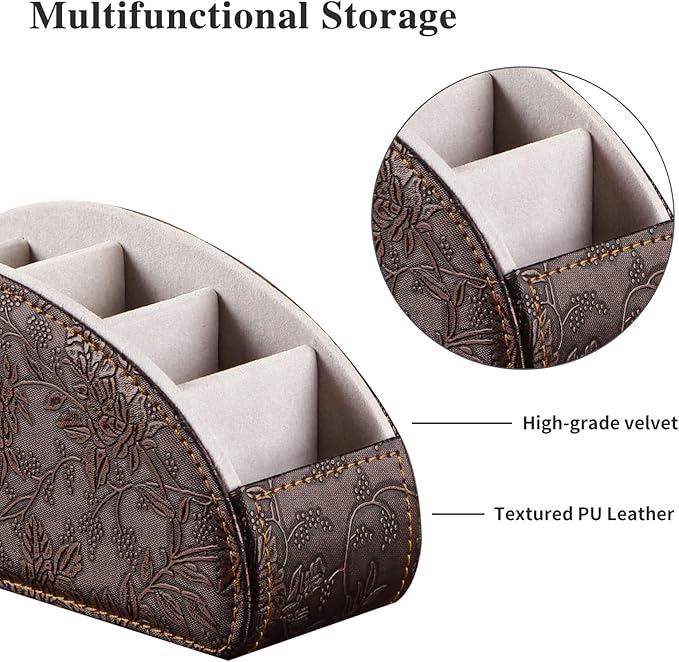 YAPISHI All-in-One Leather Brown TV Remote Holder with 5 Compartments Nightstand Desktop Media Player Remote Caddy Storage Box Organizer Tray for Mobile Office Phone Controller
