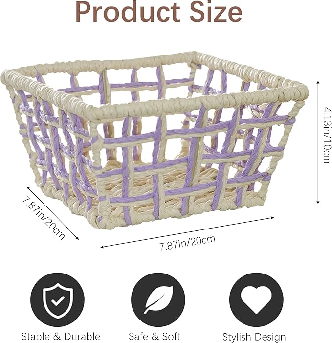 Woven Storage Basket, Rustic Farmhouse Decor, Multi-Purpose Organizer Bin, Countertop & Toilet Tank Basket for Home, Bedroom, Living Room, Entryway (Purple and Beige)