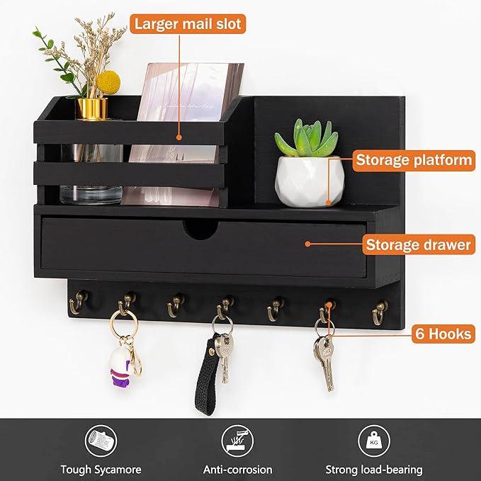 Key and Mail Holder for Wall, Mail Organizer Wall Mount with 6 Hooks and Storage Drawer, Wooden Key Rack Hanger with Shelf for Entryway and Home Decor