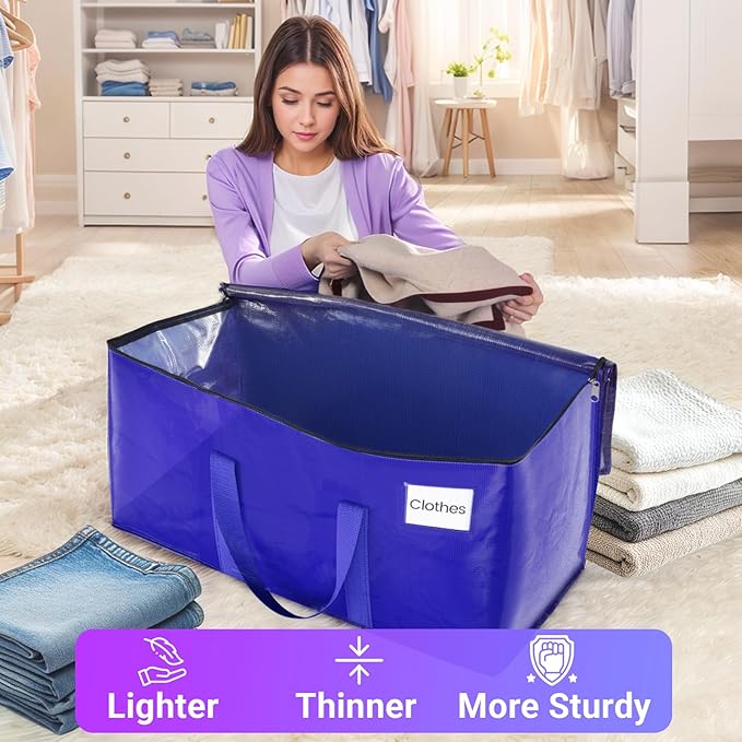 Moving Storage Bags, Moving Supplies Packing Boxes for Moving, Camping, College Dorm Room Essentials for Girls, Blue Tote Bags, Heavy-Duty Storage Bins With Lids And Zippers, 93L 6 Pack