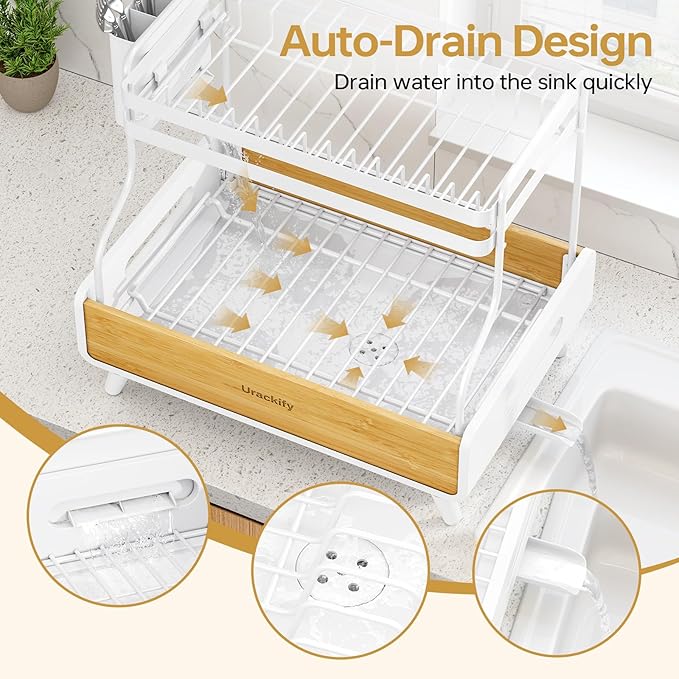 2-Tier Dish Drying Rack, Large Stainless Steel & Bamboo Dish Rack for Kitchen Counter, Dish Drainers with Adjustable Automatic Spout,Drying Rack Kitchen with Utensil Holder, White