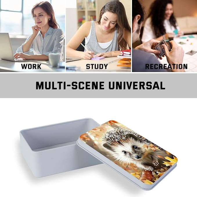 Metal Tin Box with Lid,Multi-functional Storage Box Can Store Tea Biscuits Game Cards, Playing & Tarot Cards-Comes with 4 Magnetic Cord Clips,Hedgehog in Autumn Leaves