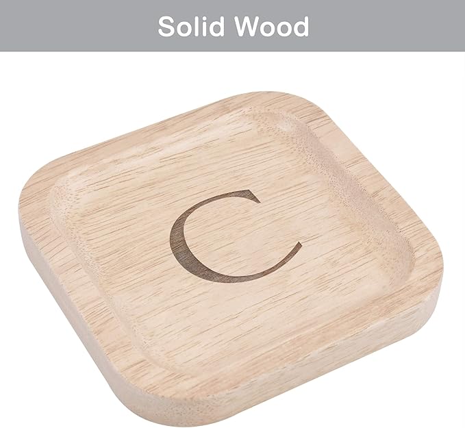 I'm Wooden Personalized Letter Catchall Valet Tray Trinket Dish Jewelry Tray Key Bowl Decorative Plate Organizing Ring Earrings Necklaces Bracelet Watch Coins Wallet Holder (6"x6" Sq Natural C)