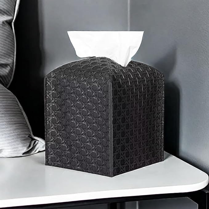 Tissue Box Cover Square Facial Tissue Case PU Leather Kleenex Box Cover Tissue Holder Napkin Holder Facial Paper Organizer Dispenser for Bathroom, Vanity Countertop, Tabletop, Car, Office(Black)