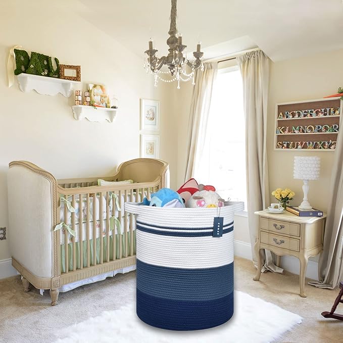 COMSE Extra Large Blanket Basket, Tall Laundry Basket, Nursery Hamper, 15.7âx 21.7â, Cotton Rope Woven Laundry Hamper for Storage Toys Clothes Towels, Gradient Blue