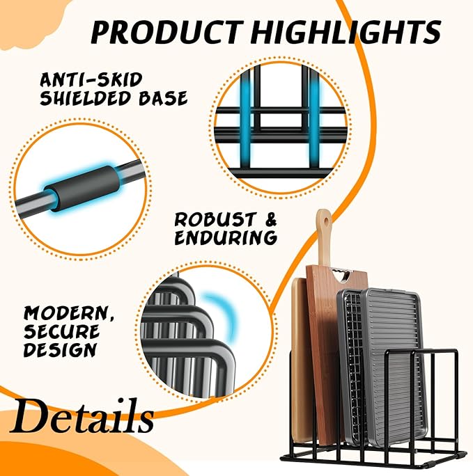 Baking Sheet Organizer Rack â 5-Slot Bakeware & Cookie Tray Holder for Kitchen Cabinet or Countertop, Stainless Steel Cutting Board Rack with Rust-Resistant Frame & Anti-Slip Feet
