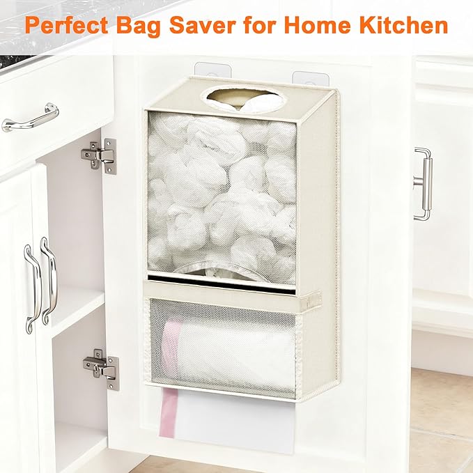 Plastic Bag Holder - Large Wall Mount Grocery Bag Holder & Dispenser for Home Kitchen, 2-in-1 Space-Saving Durable Organizer House Necessities, Beige