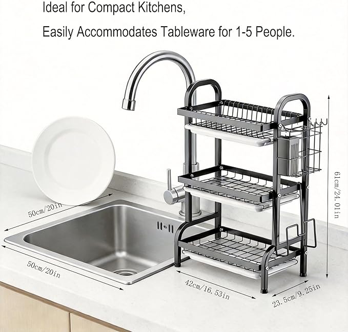 KUK 3 Tier Dish Drying Rack, Stainless Steel Over The Sink Dish with Drain Tray, Kitchen Dishes Drying Racks, Dish Racks for Kitchen Counter Storage (Black)