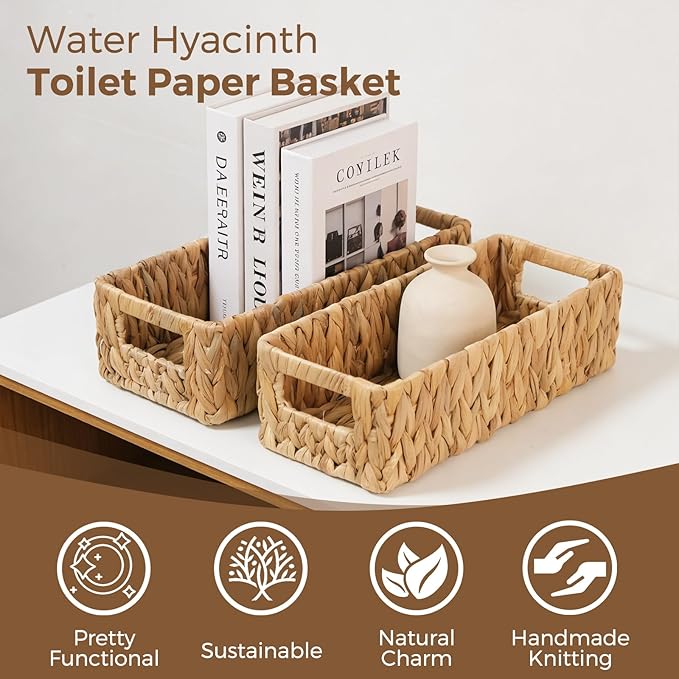 Toilet Paper Storage Basket for Bathroom, Water Hyacinth Toilet Tank Baskets Organizer, Wicker Small Basket Woven Long Narrow Baskets for Back of Toilet Both Storage&Decor, Set of 2