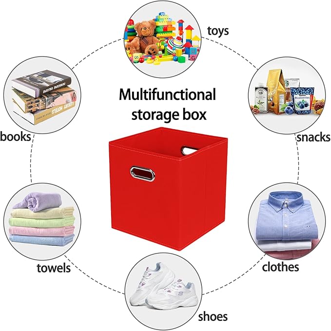 STOREONE Fabric Storage Bins Cubes Baskets Containers-(11X11X11) with Dual Handles for Shelf Closet, Nursery Home ， Bedroom Organizers, Foldable Set of 6 (Red)