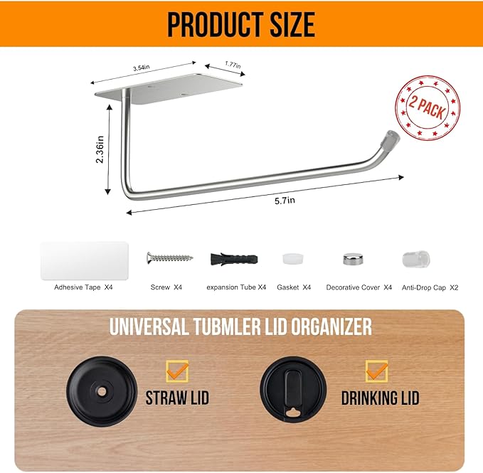 Tumbler Lid Organizer, Stainless Steel Tumbler Lid Holder Under Cabinet, Self Adhesive or Drilling Tumbler Lid Storage Hook, Cup Lid Organizer Wall Mount for Kitchen Cabinet (2, Silver)
