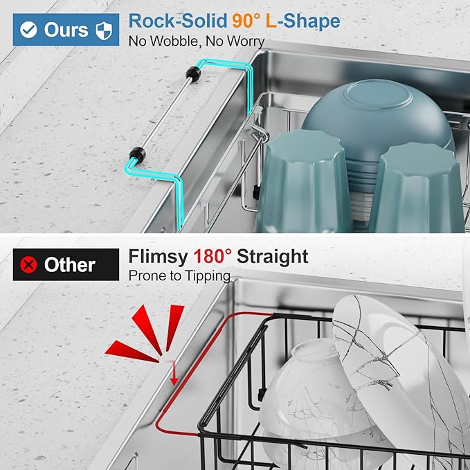GSlife Expandable Over The Sink Dish Drying Rack - Stainless Steel Heavy Duty Dish Drainer with Square Corners, Rust Resistant with Lock Knob, Fit for Modern Single & Double Sinks, Black