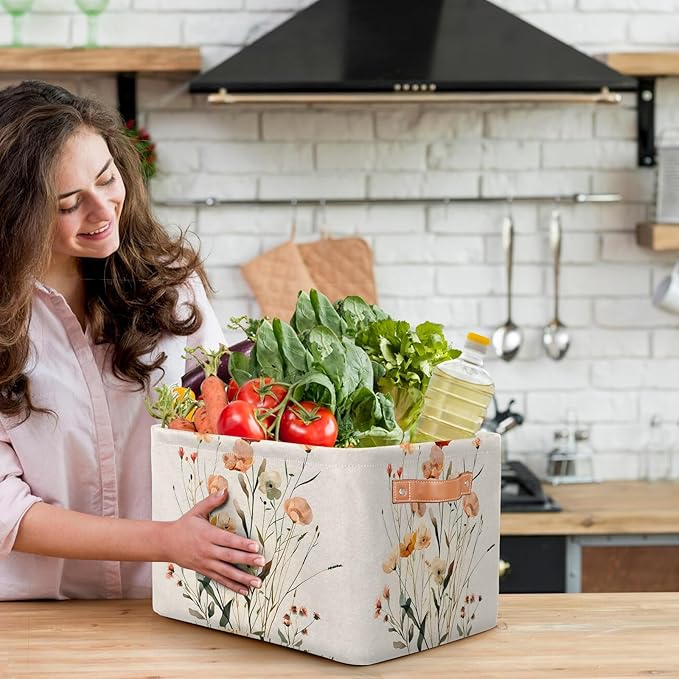 Floral Large Fabric Storage Basket for Shelves Organizing, Rectangular Closet Organizer with Handles, Wildflower Botanical Plant Decorative Foldable Closet Storage Basket