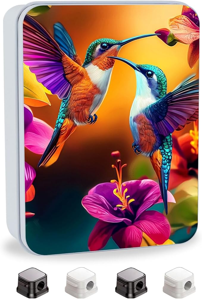 Metal Tin Box with Lid for Game Cards Home Organizer Candles Keys Crafts Storage - Equipped with 4 Magnetic Cord Clips，Hummingbirds and flowers