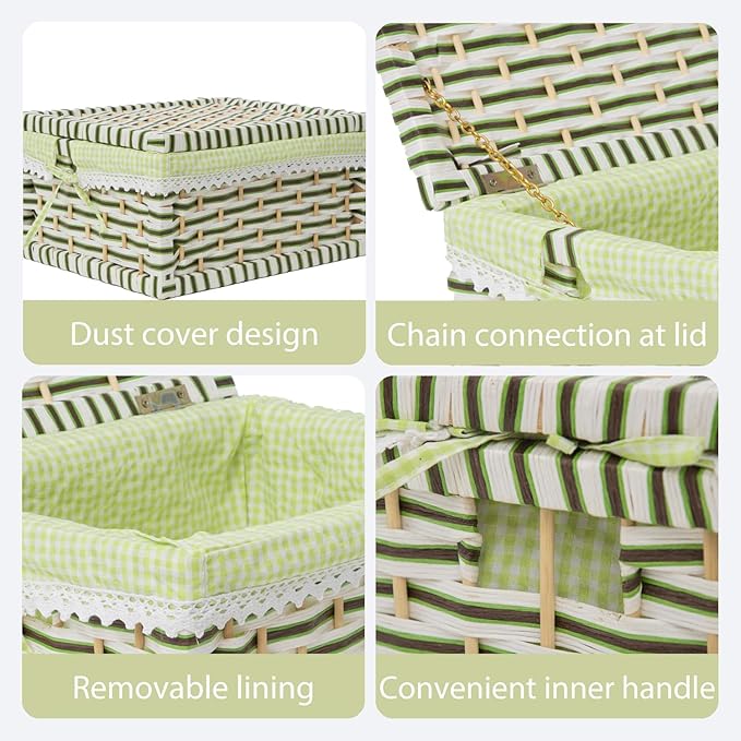 Paper Rope Storage Basket with Lid,Handmade Woven Rustic Green Shelf Basket for Organizing, Decor-Detachable & Washable Lining (Set of 2)