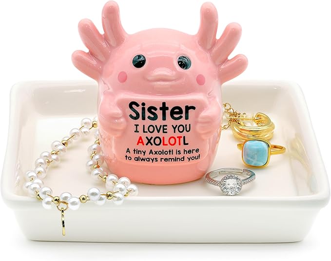 Sister Birthday Gifts for Sister, Axolotl Ring Holder Dish Jewelry Holder for Rings Bracelets Earrings Pink Room Decor Athestic Organiser, Mother's Day Birthday Wedding Valentine's Gifts for Women